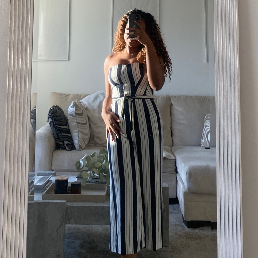 Navy and white strapless jumpsuit